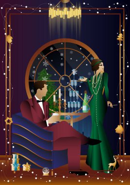 Noel arifesinde arkadaşlarıyla lüks bir restoranda ya da evde yediği şenlikli bir akşam yemeğinde iyi giyimli bir insan. Tatil kavramı, kış tatili, yeni yıl, Noel