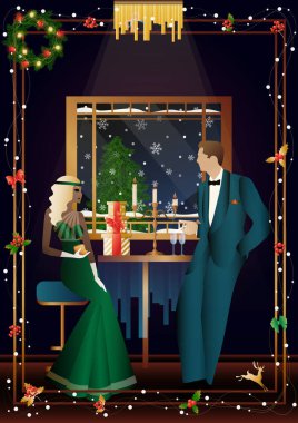 Noel arifesinde arkadaşlarıyla lüks bir restoranda ya da evde yediği şenlikli bir akşam yemeğinde iyi giyimli bir insan. Tatil kavramı, kış tatili, yeni yıl, Noel