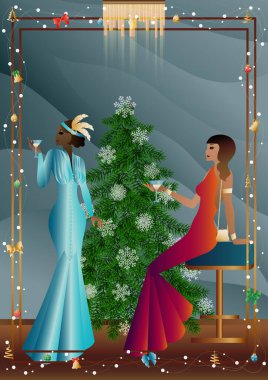 Noel arifesinde arkadaşlarıyla süslü bir Noel ağacının yanında lüks bir restoranda ya da evde iyi giyimli bir insan. Tatil kavramı, kış tatili, yeni yıl, Noel