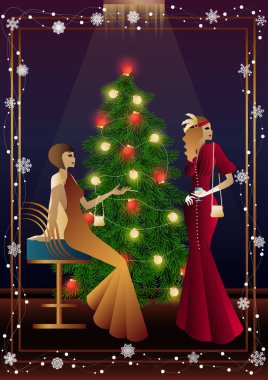 Noel arifesinde arkadaşlarıyla süslü bir Noel ağacının yanında lüks bir restoranda ya da evde iyi giyimli bir insan. Tatil kavramı, kış tatili, yeni yıl, Noel