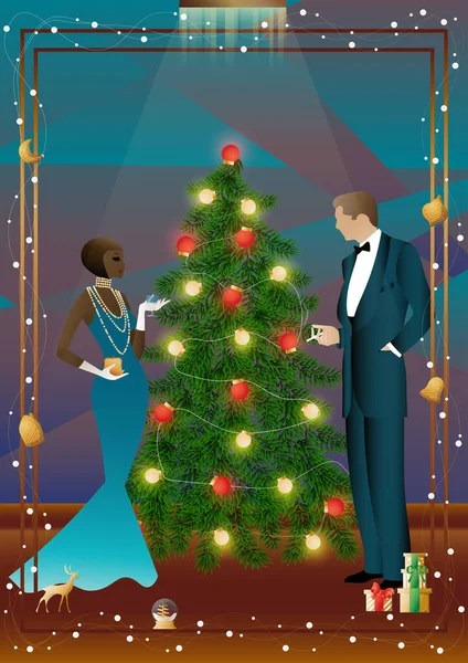 Καλοντυμένος Άνθρωπος Κοντά Ένα Διακοσμημένο Χριστουγεννιάτικο Δέντρο Φίλους Την Παραμονή — Διανυσματικό Αρχείο