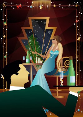 Noel arifesinde arkadaşlarıyla lüks bir restoranda ya da evde yediği şenlikli bir akşam yemeğinde iyi giyimli bir insan. Tatil kavramı, kış tatili, yeni yıl, Noel