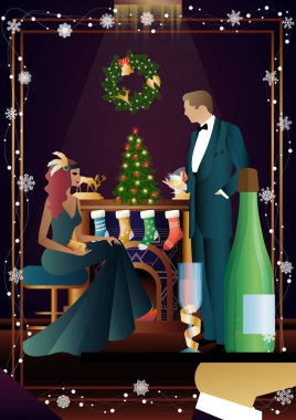 Noel arifesinde arkadaşlarıyla lüks bir restoranda ya da evde yediği şenlikli bir akşam yemeğinde iyi giyimli bir insan. Tatil kavramı, kış tatili, yeni yıl, Noel