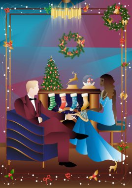 Noel arifesinde arkadaşlarıyla lüks bir restoranda ya da evde yediği şenlikli bir akşam yemeğinde iyi giyimli bir insan. Tatil kavramı, kış tatili, yeni yıl, Noel