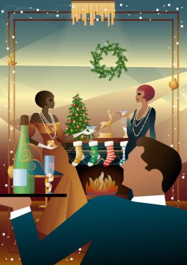 Noel arifesinde arkadaşlarıyla lüks bir restoranda ya da evde yediği şenlikli bir akşam yemeğinde iyi giyimli bir insan. Tatil kavramı, kış tatili, yeni yıl, Noel