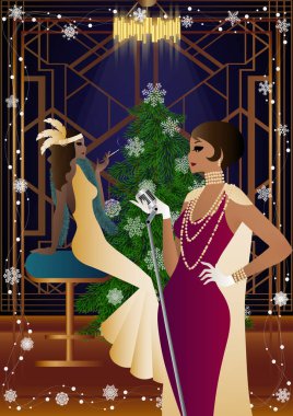 Noel arifesinde arkadaşlarıyla süslü bir Noel ağacının yanında lüks bir restoranda ya da evde iyi giyimli bir insan. Tatil kavramı, kış tatili, yeni yıl, Noel