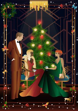 Noel arifesinde arkadaşlarıyla süslü bir Noel ağacının yanında lüks bir restoranda ya da evde iyi giyimli bir insan. Tatil kavramı, kış tatili, yeni yıl, Noel