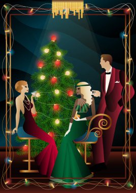 Noel arifesinde arkadaşlarıyla süslü bir Noel ağacının yanında lüks bir restoranda ya da evde iyi giyimli bir insan. Tatil kavramı, kış tatili, yeni yıl, Noel