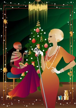 Noel arifesinde arkadaşlarıyla süslü bir Noel ağacının yanında lüks bir restoranda ya da evde iyi giyimli bir insan. Tatil kavramı, kış tatili, yeni yıl, Noel
