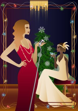 Noel arifesinde arkadaşlarıyla süslü bir Noel ağacının yanında lüks bir restoranda ya da evde iyi giyimli bir insan. Tatil kavramı, kış tatili, yeni yıl, Noel