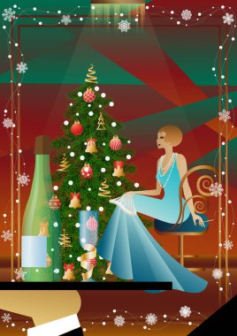 Noel arifesinde arkadaşlarıyla süslü bir Noel ağacının yanında lüks bir restoranda ya da evde iyi giyimli bir insan. Tatil kavramı, kış tatili, yeni yıl, Noel