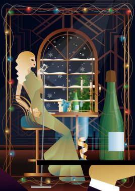 Vitrininde retro mikrofon olan klasik elbiseli güzel bir genç kadın. Şarkıcının yeni yıl tatilindeki performansı. Tatil kavramı, kış tatili, yeni yıl, Noel