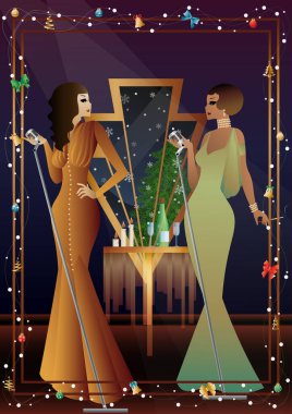 Vitrininde retro mikrofon olan klasik elbiseli güzel bir genç kadın. Şarkıcının yeni yıl tatilindeki performansı. Tatil kavramı, kış tatili, yeni yıl, Noel