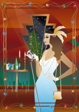 Vitrininde retro mikrofon olan klasik elbiseli güzel bir genç kadın. Şarkıcının yeni yıl tatilindeki performansı. Tatil kavramı, kış tatili, yeni yıl, Noel