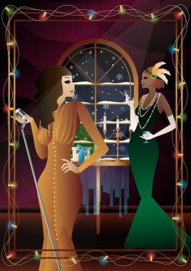 Vitrininde retro mikrofon olan klasik elbiseli güzel bir genç kadın. Şarkıcının yeni yıl tatilindeki performansı. Tatil kavramı, kış tatili, yeni yıl, Noel