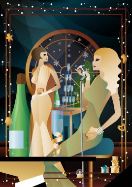 Vitrininde retro mikrofon olan klasik elbiseli güzel bir genç kadın. Şarkıcının yeni yıl tatilindeki performansı. Tatil kavramı, kış tatili, yeni yıl, Noel