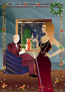 Vitrininde retro mikrofon olan klasik elbiseli güzel bir genç kadın. Şarkıcının yeni yıl tatilindeki performansı. Tatil kavramı, kış tatili, yeni yıl, Noel