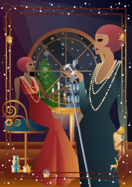 Vitrininde retro mikrofon olan klasik elbiseli güzel bir genç kadın. Şarkıcının yeni yıl tatilindeki performansı. Tatil kavramı, kış tatili, yeni yıl, Noel