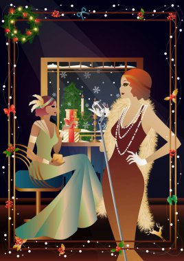 Vitrininde retro mikrofon olan klasik elbiseli güzel bir genç kadın. Şarkıcının yeni yıl tatilindeki performansı. Tatil kavramı, kış tatili, yeni yıl, Noel