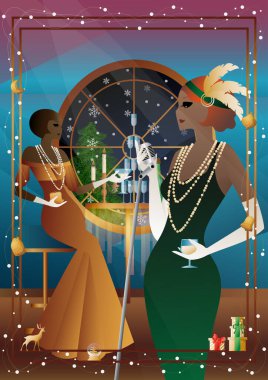 Vitrininde retro mikrofon olan klasik elbiseli güzel bir genç kadın. Şarkıcının yeni yıl tatilindeki performansı. Tatil kavramı, kış tatili, yeni yıl, Noel