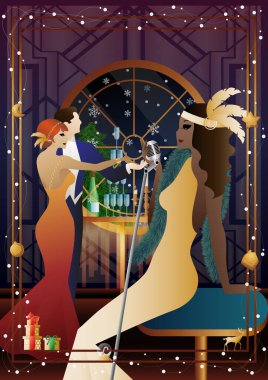 Penceresinde retro mikrofon olan klasik elbiseli bir kadın. Şarkıcının yeni yıl tatilindeki performansı. İnsanlar dans ediyor. Tatil kavramı, kış tatili, yeni yıl, Noel