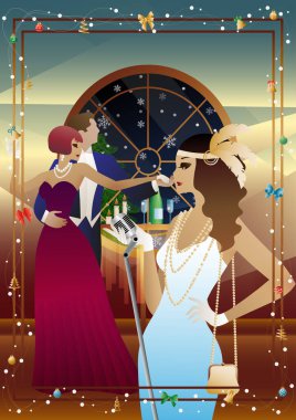 Penceresinde retro mikrofon olan klasik elbiseli bir kadın. Şarkıcının yeni yıl tatilindeki performansı. İnsanlar dans ediyor. Tatil kavramı, kış tatili, yeni yıl, Noel