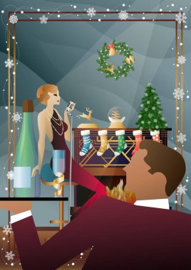 Şöminenin önünde mikrofonu olan eski moda elbiseli bir kadın. Şarkıcının yeni yıl tatilindeki performansı. Tatil kavramı, kış tatili, yeni yıl, Noel