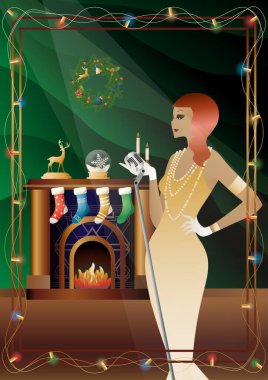 Şöminenin önünde mikrofonu olan eski moda elbiseli bir kadın. Şarkıcının yeni yıl tatilindeki performansı. Tatil kavramı, kış tatili, yeni yıl, Noel