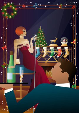 Şöminenin önünde mikrofonu olan eski moda elbiseli bir kadın. Şarkıcının yeni yıl tatilindeki performansı. Tatil kavramı, kış tatili, yeni yıl, Noel