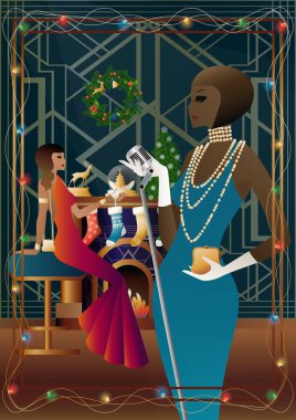 Şöminenin önünde mikrofonu olan eski moda elbiseli bir kadın. Şarkıcının yeni yıl tatilindeki performansı. Tatil kavramı, kış tatili, yeni yıl, Noel