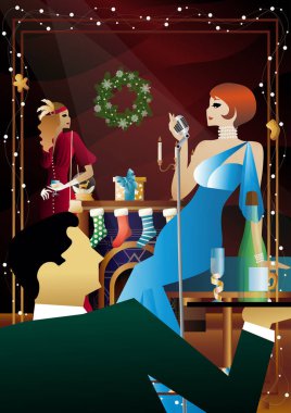 Şöminenin önünde mikrofonu olan eski moda elbiseli bir kadın. Şarkıcının yeni yıl tatilindeki performansı. Tatil kavramı, kış tatili, yeni yıl, Noel