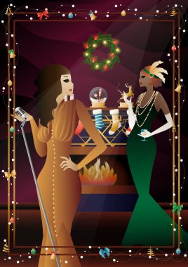 Şöminenin önünde mikrofonu olan eski moda elbiseli bir kadın. Şarkıcının yeni yıl tatilindeki performansı. Tatil kavramı, kış tatili, yeni yıl, Noel