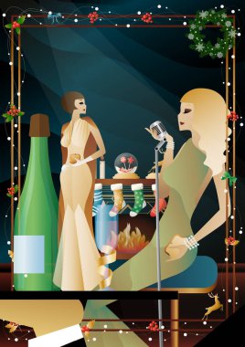 Şöminenin önünde mikrofonu olan eski moda elbiseli bir kadın. Şarkıcının yeni yıl tatilindeki performansı. Tatil kavramı, kış tatili, yeni yıl, Noel