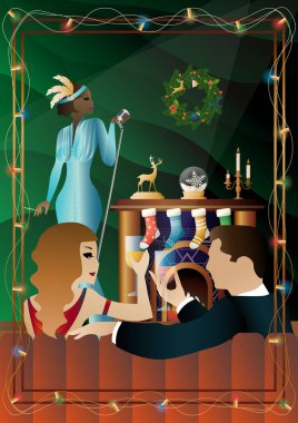 Şöminenin önünde mikrofonu olan eski moda elbiseli bir kadın. Şarkıcının yeni yıl tatilindeki performansı. Tatil kavramı, kış tatili, yeni yıl, Noel