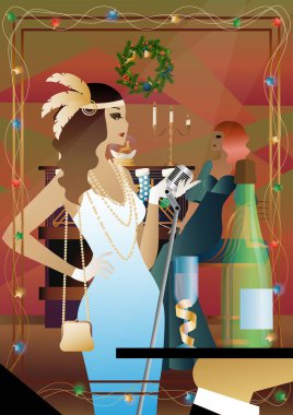 Şöminenin önünde mikrofonu olan eski moda elbiseli bir kadın. Şarkıcının yeni yıl tatilindeki performansı. Tatil kavramı, kış tatili, yeni yıl, Noel