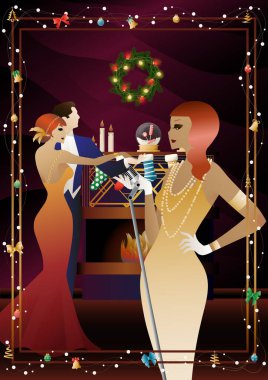 Şöminenin önünde mikrofonu olan eski moda elbiseli bir kadın. Şarkıcının yeni yıl tatilindeki performansı. Tatil kavramı, kış tatili, yeni yıl, Noel