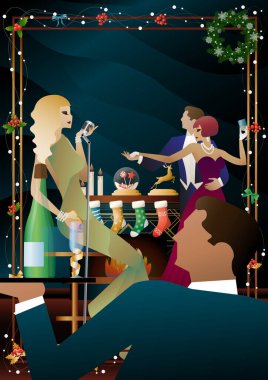 Şöminenin önünde mikrofonu olan eski moda elbiseli bir kadın. Şarkıcının yeni yıl tatilindeki performansı. Tatil kavramı, kış tatili, yeni yıl, Noel