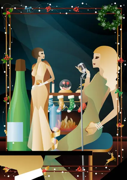 Şöminenin önünde mikrofonu olan eski moda elbiseli bir kadın. Şarkıcının yeni yıl tatilindeki performansı. Tatil kavramı, kış tatili, yeni yıl, Noel