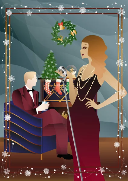 Şöminenin önünde mikrofonu olan eski moda elbiseli bir kadın. Şarkıcının yeni yıl tatilindeki performansı. Tatil kavramı, kış tatili, yeni yıl, Noel