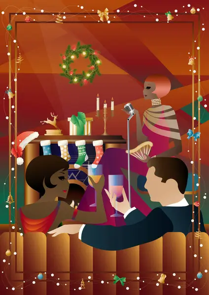 Şöminenin önünde mikrofonu olan eski moda elbiseli bir kadın. Şarkıcının yeni yıl tatilindeki performansı. Tatil kavramı, kış tatili, yeni yıl, Noel