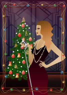 Yılbaşı ağacında antika elbiseli ve mikrofonlu güzel bir genç kadın. Şarkıcının yeni yıl tatilindeki performansı. Tatil kavramı, kış tatili, yeni yıl, Noel