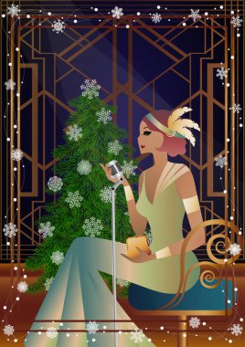 Yılbaşı ağacında antika elbiseli ve mikrofonlu güzel bir genç kadın. Şarkıcının yeni yıl tatilindeki performansı. Tatil kavramı, kış tatili, yeni yıl, Noel