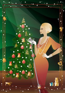 Yılbaşı ağacında antika elbiseli ve mikrofonlu güzel bir genç kadın. Şarkıcının yeni yıl tatilindeki performansı. Tatil kavramı, kış tatili, yeni yıl, Noel