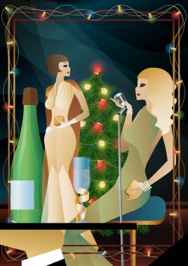 Yılbaşı ağacında antika elbiseli ve mikrofonlu güzel bir genç kadın. Şarkıcının yeni yıl tatilindeki performansı. Tatil kavramı, kış tatili, yeni yıl, Noel