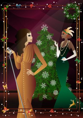 Yılbaşı ağacında antika elbiseli ve mikrofonlu güzel bir genç kadın. Şarkıcının yeni yıl tatilindeki performansı. Tatil kavramı, kış tatili, yeni yıl, Noel