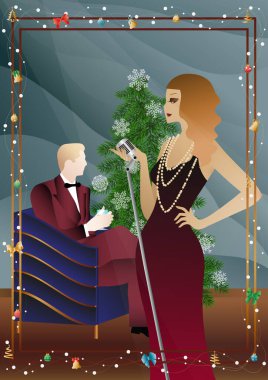 Yılbaşı ağacında antika elbiseli ve mikrofonlu güzel bir genç kadın. Şarkıcının yeni yıl tatilindeki performansı. Tatil kavramı, kış tatili, yeni yıl, Noel