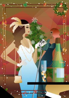 Yılbaşı ağacında antika elbiseli ve mikrofonlu güzel bir genç kadın. Şarkıcının yeni yıl tatilindeki performansı. Tatil kavramı, kış tatili, yeni yıl, Noel