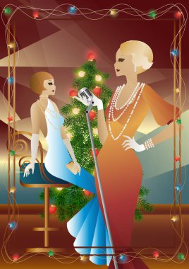 Yılbaşı ağacında antika elbiseli ve mikrofonlu güzel bir genç kadın. Şarkıcının yeni yıl tatilindeki performansı. Tatil kavramı, kış tatili, yeni yıl, Noel