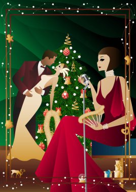 Yılbaşı ağacında antika elbiseli ve mikrofonlu güzel bir genç kadın. Şarkıcının yeni yıl tatilindeki performansı. Tatil kavramı, kış tatili, yeni yıl, Noel