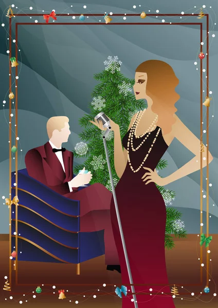Yılbaşı ağacında antika elbiseli ve mikrofonlu güzel bir genç kadın. Şarkıcının yeni yıl tatilindeki performansı. Tatil kavramı, kış tatili, yeni yıl, Noel